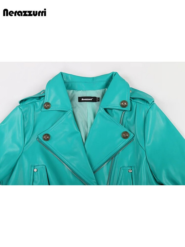 Nerazzurri kevad-sügis lühike, ülisuur lahe šikk pehme roheline pu-nahast moto- ja rattajope Naiste tõmblukuga vöö rajamood