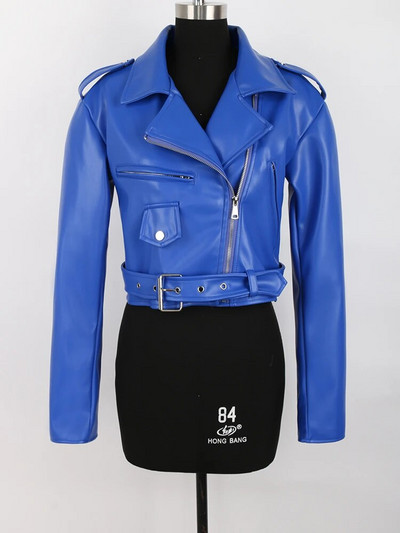 Nerazzurri kevad-sügissinine lahe lühike pehme kunstnahast bikerjakk Naiste pikkade varrukatega vöö kvaliteetne rõivamood