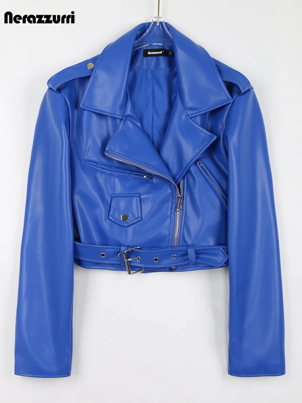 Nerazzurri kevad-sügissinine lahe lühike pehme kunstnahast bikerjakk Naiste pikkade varrukatega vöö kvaliteetne rõivamood
