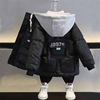 Zimná nová detská páperová bunda s kapucňou pre chlapcov a dievčatá vo veku 4-12 rokov, stredne dlhá bavlnená bunda s plyšovým zateplením