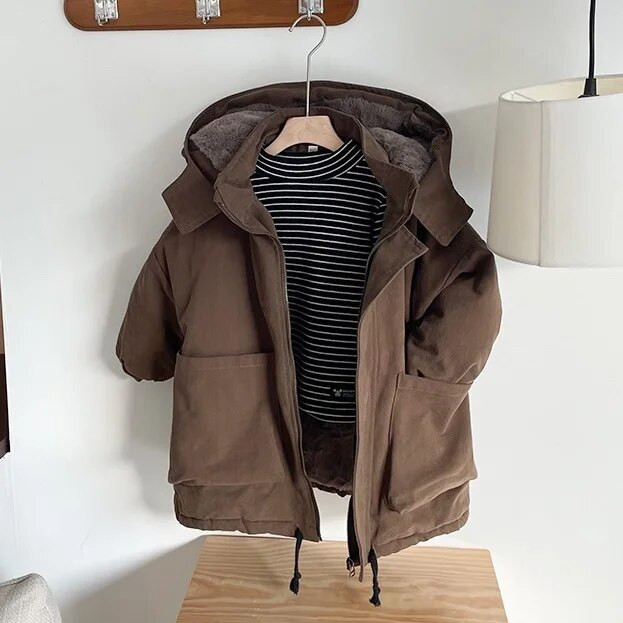 Zimná nová detská páperová bunda s kapucňou pre chlapcov a dievčatá vo veku 4-12 rokov, stredne dlhá bavlnená bunda s plyšovým zateplením