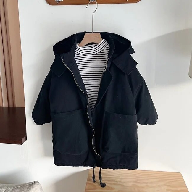 Zimná nová detská páperová bunda s kapucňou pre chlapcov a dievčatá vo veku 4-12 rokov, stredne dlhá bavlnená bunda s plyšovým zateplením