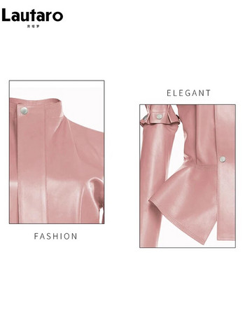 Lautaro Ανοιξιάτικο φθινόπωρο κοντό κομψό κομψό ροζ γυαλιστερό αντανακλαστικό δερμάτινο μπουφάν Pu γυναικείο μπουφάν με αποσπώμενα μακριά μανίκια 2023