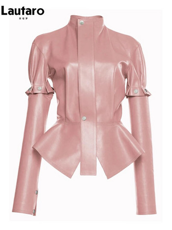 Lautaro Ανοιξιάτικο φθινόπωρο κοντό κομψό κομψό ροζ γυαλιστερό αντανακλαστικό δερμάτινο μπουφάν Pu γυναικείο μπουφάν με αποσπώμενα μακριά μανίκια 2023