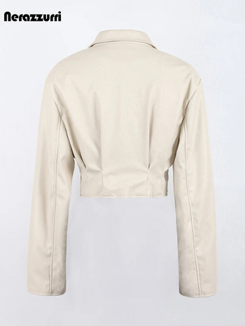 Nerazzurri Ανοιξιάτικο φθινόπωρο λευκό κοντό δερμάτινο μπουφάν Γυναικείο μακρυμάνικο πέτο με μονό κουμπί Πολυτελή επώνυμα ρούχα Cropped Top