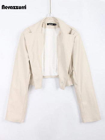 Бяло късо кожено яке Nerazzurri Пролет Есен Дамско яке с дълъг ръкав и едно копче с ревер Луксозни дизайнерски дрехи Скъсен топ