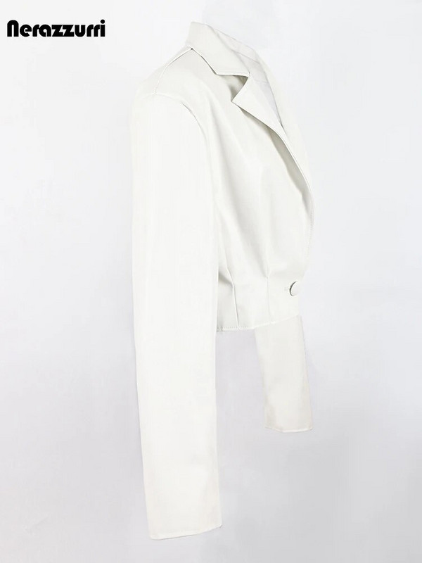Nerazzurri kevad-sügis valge lühike nahktagi Naiste pikkade varrukatega ühe nööbiga revääriga Luksuslik disainriided kärbitud ülaosa