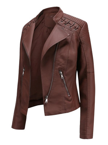 FSMG Модно пролетно и есенно дамско яке от изкуствена кожа, Ежедневно прилепнало късо връхно облекло с цип, Леко мотоциклетно палто