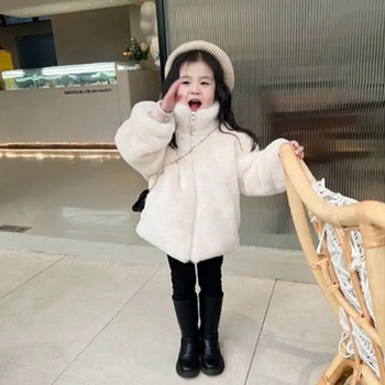 2024 Ново зимно бебешко палто от изкуствена кожа Топли връхни дрехи за момичета Детски снежен костюм Елегантни дрехи с кожа за тийнейджърки Дебели топли
