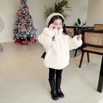 2024 Ново зимно бебешко палто от изкуствена кожа Топли връхни дрехи за момичета Детски снежен костюм Елегантни дрехи с кожа за тийнейджърки Дебели топли