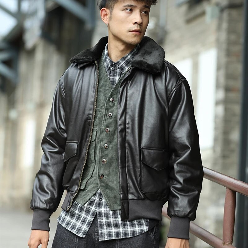 bărbați jachetă din piele PU bombardier zbor noi aviație pilot A2 iarnă căptușită vintage letterman punk blană motocicleta militară