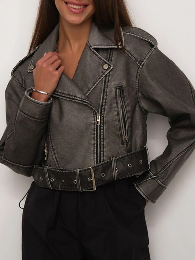 Ailegogo femei vintage cu centură largi jachetă din piele artificială scurtă primăvară toamnă Streetwear femei cu fermoar rever haine retro