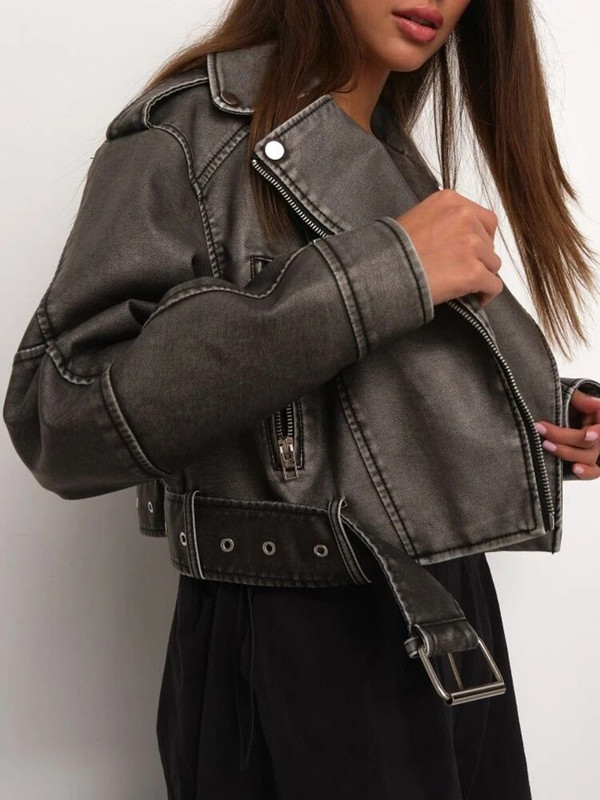 Ailegogo Γυναικεία Vintage Φαρδιά Ζώνη από συνθετικό δέρμα Κοντό σακάκι Άνοιξη Φθινόπωρο Streetwear Γυναικείο φερμουάρ ρετρό παλτό