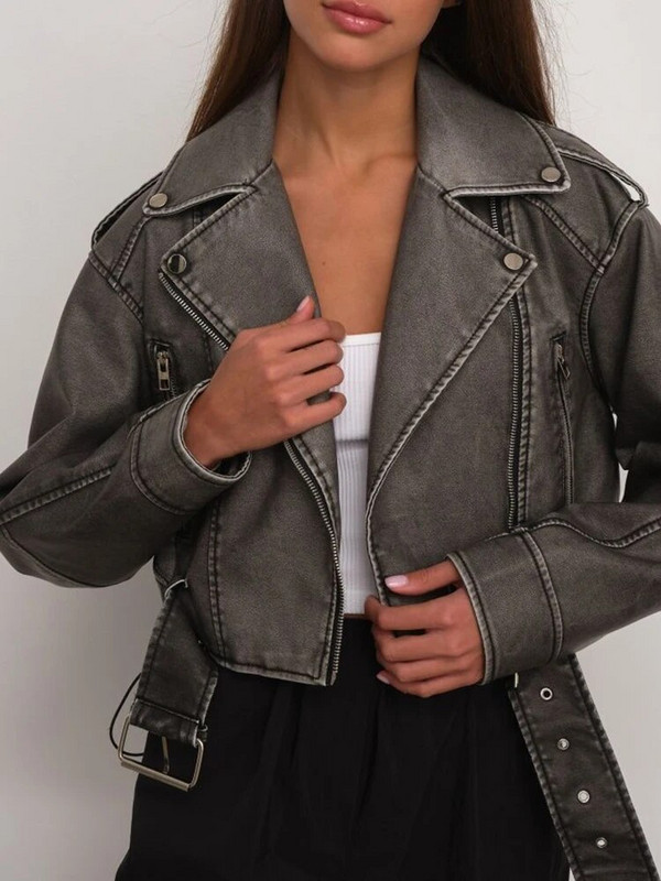 Ailegogo Γυναικεία Vintage Φαρδιά Ζώνη από συνθετικό δέρμα Κοντό σακάκι Άνοιξη Φθινόπωρο Streetwear Γυναικείο φερμουάρ ρετρό παλτό