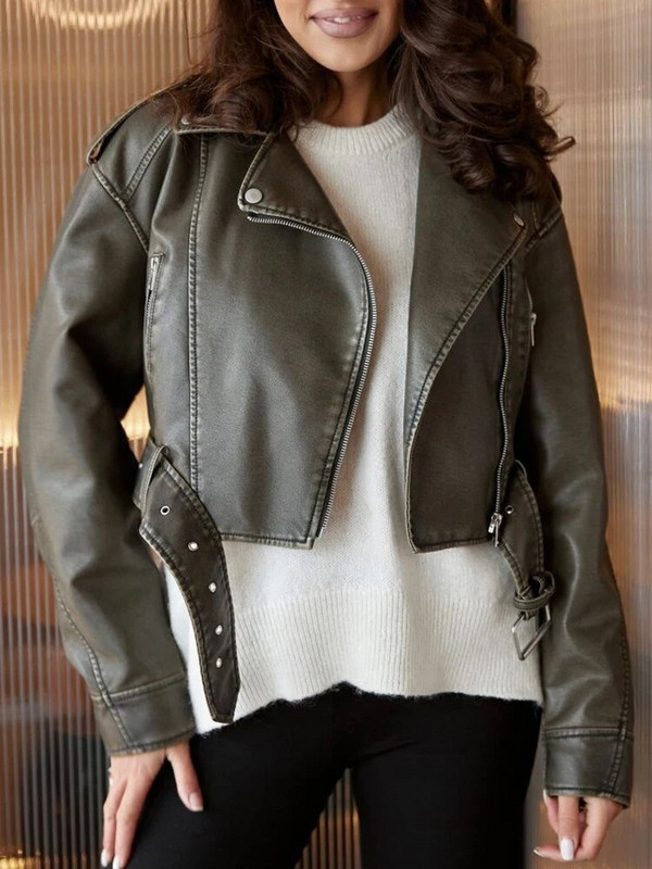 Ailegogo Γυναικεία Vintage Φαρδιά Ζώνη από συνθετικό δέρμα Κοντό σακάκι Άνοιξη Φθινόπωρο Streetwear Γυναικείο φερμουάρ ρετρό παλτό