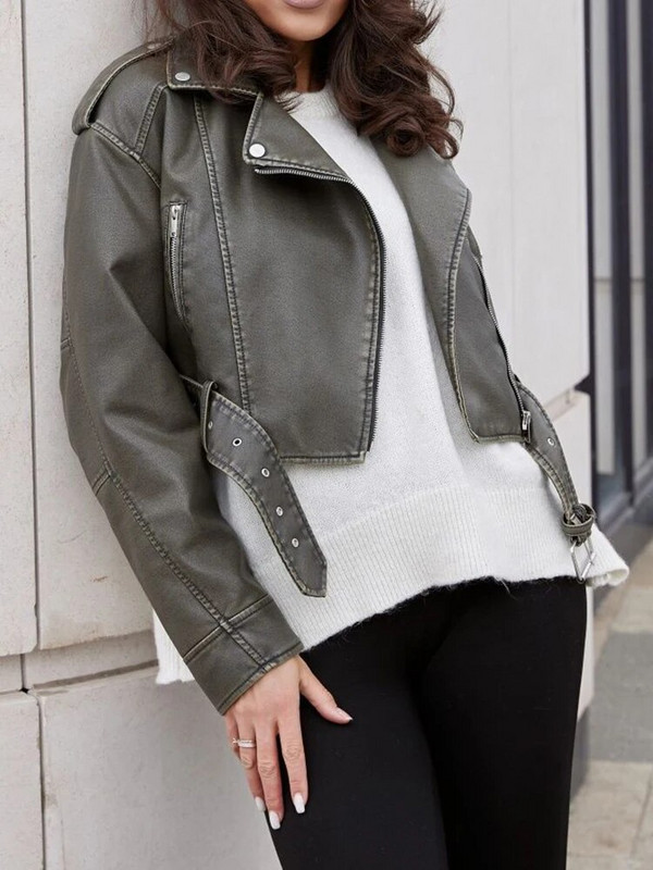 Ailegogo Γυναικεία Vintage Φαρδιά Ζώνη από συνθετικό δέρμα Κοντό σακάκι Άνοιξη Φθινόπωρο Streetwear Γυναικείο φερμουάρ ρετρό παλτό