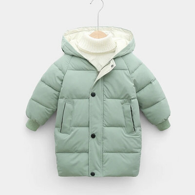 Žieminė striukė berniukams mergaitėms pastorintas šiltas paltas su gobtuvu pailgintas 2-10 metų kūdikiui korėjietiška versija aukštos kokybės vaikiški drabužiai