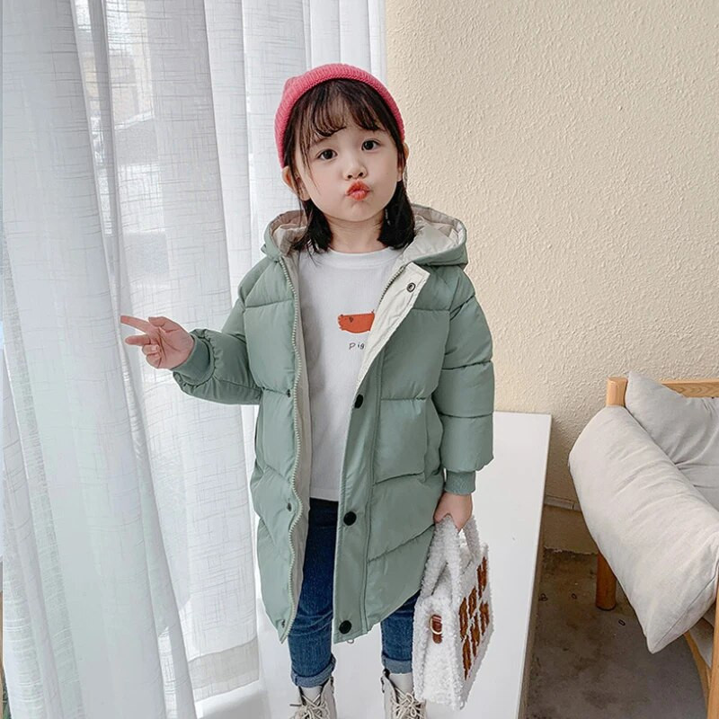 Žieminė striukė berniukams mergaitėms pastorintas šiltas paltas su gobtuvu pailgintas 2-10 metų kūdikiui korėjietiška versija aukštos kokybės vaikiški drabužiai