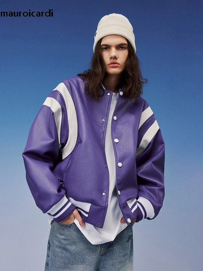 Mauroicardi, primăvară, toamnă, răcoros, mov și alb, mov și alb, jachetă bomber din piele PU pentru bărbați, cu fermoar, haine de designer de lux 2023