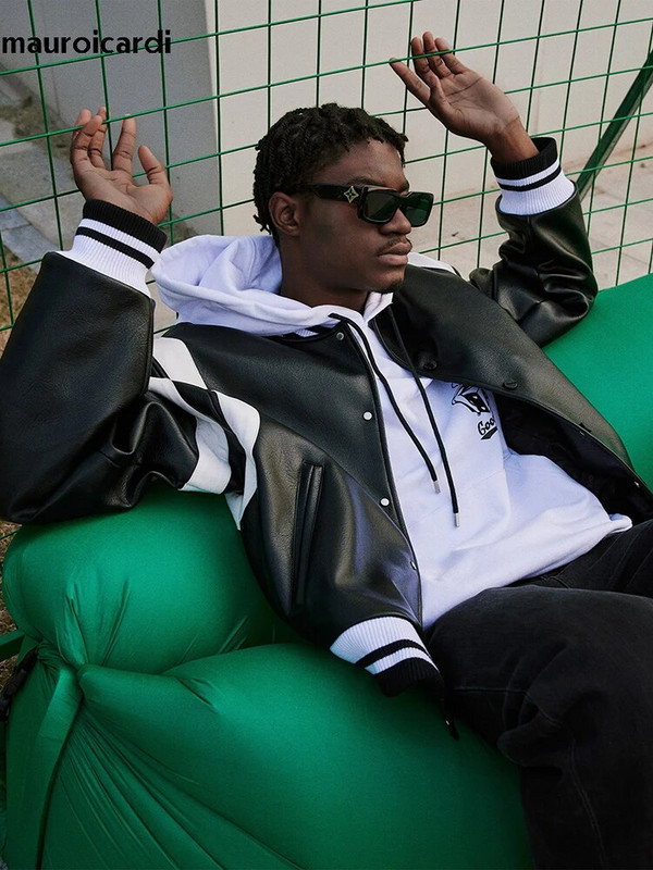 Mauroicardi, primăvară, toamnă, răcoros, mov și alb, mov și alb, jachetă bomber din piele PU pentru bărbați, cu fermoar, haine de designer de lux 2023