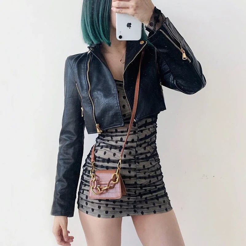 Naiste nahkjakk kõrge vöökohaga Bodycon kärbitud jakid Tänavarõivad Chic Gold Zipepr kunstnahast vedurimantel 2024 uus