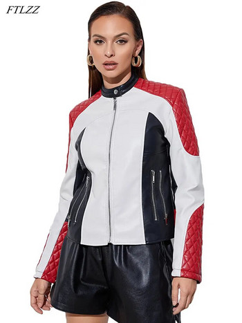 FTLZZ Νέα Ανοιξιάτικη Φθινοπωρινή Γυναικεία λαιμόκοψη Pu Faux δερμάτινο κοντό μπουφάν Moto Biker Γυναικείο παλτό με φερμουάρ, ρετρό γυναικεία ρούχα