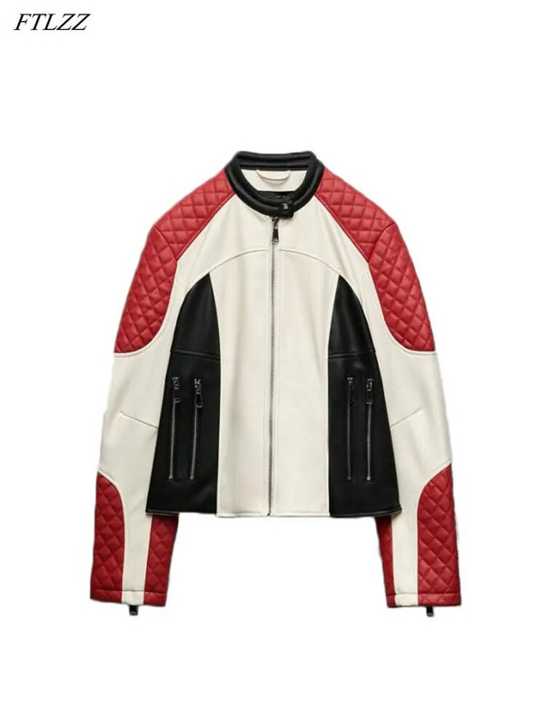 FTLZZ Nouă primăvară toamnă pentru femei cu decolteu O jachetă scurtă din piele artificială PU pentru motociclist pentru femeie, haină slim cu fermoar, îmbrăcăminte retro pentru femei