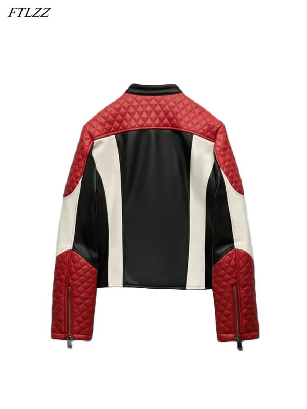 FTLZZ Nouă primăvară toamnă pentru femei cu decolteu O jachetă scurtă din piele artificială PU pentru motociclist pentru femeie, haină slim cu fermoar, îmbrăcăminte retro pentru femei