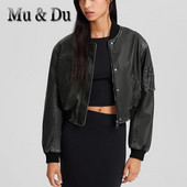 Mu&Du 2023, vintage, jachetă bomber din PU pentru femei, la modă, solidă, cu fermoar, cu mânecă lungă, din piele artificială, haină pentru motocicletă, îmbrăcăminte de stradă