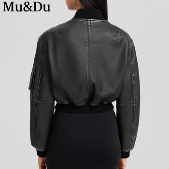 Mu&Du 2023 Vintage PU Bomber Jacket Дамско модно плътно свободно цип, дълъг ръкав, изкуствена кожа, изрязано мотоциклетно палто Street Outwear