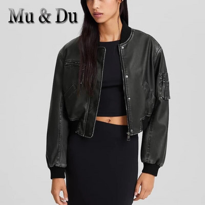 Mu&Du 2023 Vintage PU Bomber Jacket Γυναικείο Μόδα Στερεό Φαρδύ φερμουάρ μακρυμάνικο ψεύτικο δέρμα Crop παλτό μοτοσικλέτας Street outwear