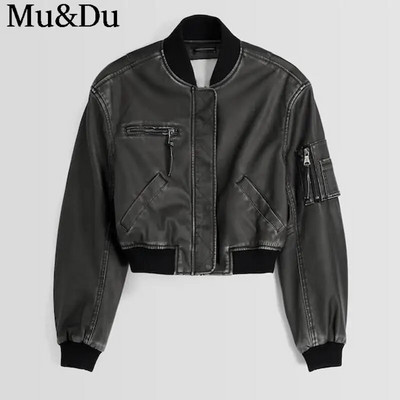 Mu&Du 2023, vintage, jachetă bomber din PU pentru femei, la modă, solidă, cu fermoar, cu mânecă lungă, din piele artificială, haină pentru motocicletă, îmbrăcăminte de stradă