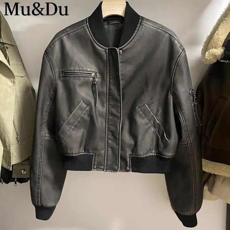 Mu&Du 2023, vintage, jachetă bomber din PU pentru femei, la modă, solidă, cu fermoar, cu mânecă lungă, din piele artificială, haină pentru motocicletă, îmbrăcăminte de stradă