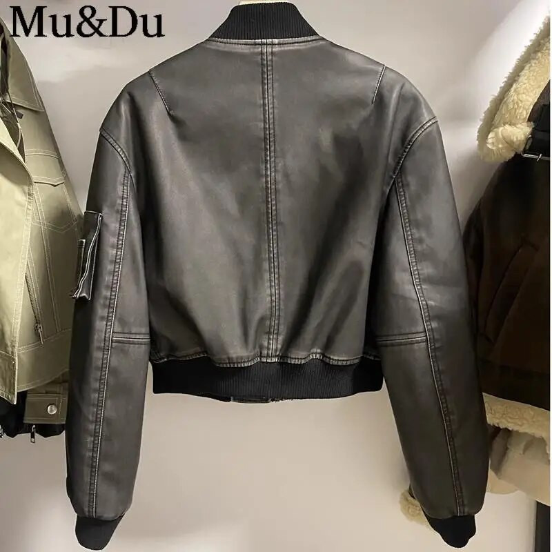 Mu&Du 2023, vintage, jachetă bomber din PU pentru femei, la modă, solidă, cu fermoar, cu mânecă lungă, din piele artificială, haină pentru motocicletă, îmbrăcăminte de stradă