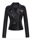 Jachete din piele patchwork pentru femei Nituri cu broderie cu flori Sectiune scurta Jachete mici din piele PU Paltoane casual pentru motociclete