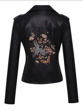 Дамски пачуърк кожени якета Нитове с бродерия на цветя Къса част Малки якета от изкуствена кожа Ежедневни мотоциклетни палта