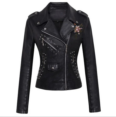 Jachete din piele patchwork pentru femei Nituri cu broderie cu flori Sectiune scurta Jachete mici din piele PU Paltoane casual pentru motociclete