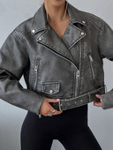Ailegogo Streetwear femei retro cu fermoar liber din imitație de piele jachetă scurtă vintage pentru femeie centură moto biker șic haină îmbrăcăminte topuri