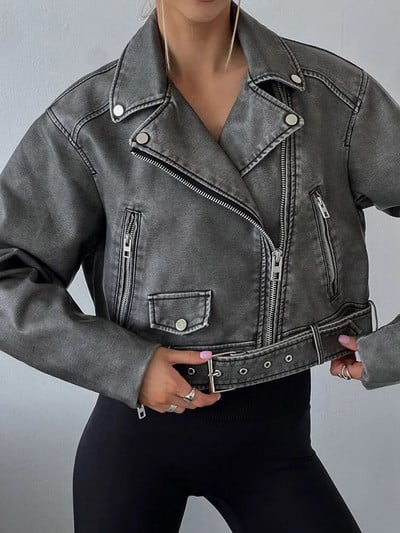 Ailegogo Streetwear Дамско ретро свободно цип Pu изкуствена кожа Късо яке Реколта Женски колан Moto Biker Chic Палто Горни дрехи