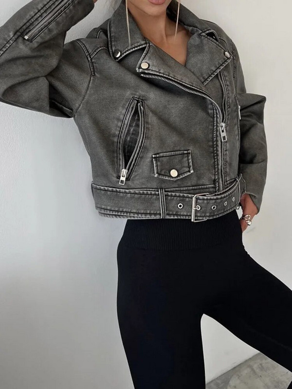 Ailegogo Streetwear Moteriški retro laisvi užtrauktukai Pu dirbtinės odos trumpa striukė Vintažinis moteriškas diržas Moto Biker Prašmatnus paltas viršutiniai drabužiai