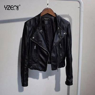 Yzeqi Пролет Есен Дамско модно байкърско кожено яке Меко Pu Punk черно горно облекло с цип Biker Ежедневно бяло яке от изкуствена кожа