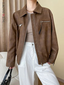 [LANMREM] Elegáns bőrdzsekik nőknek tömör hajtókás, hosszú ujjú cipzárral, laza vintage női divatkabát 2024 tavaszi új 26D