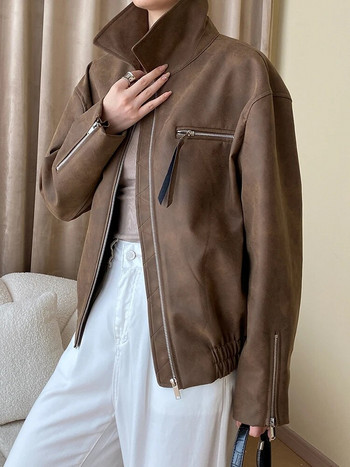 [LANMREM] Елегантни кожени якета за жени, едноцветни ревери, дълъг ръкав, цип, свободно ретро женско модно палто 2024, пролет, ново 26D