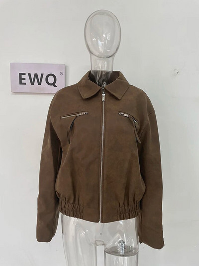 [LANMREM] Elegáns bőrdzsekik nőknek tömör hajtókás, hosszú ujjú cipzárral, laza vintage női divatkabát 2024 tavaszi új 26D