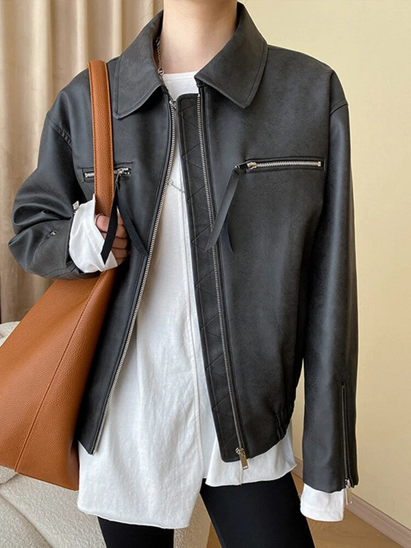 [LANMREM] Elegáns bőrdzsekik nőknek tömör hajtókás, hosszú ujjú cipzárral, laza vintage női divatkabát 2024 tavaszi új 26D