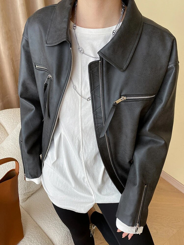 [LANMREM] Elegáns bőrdzsekik nőknek tömör hajtókás, hosszú ujjú cipzárral, laza vintage női divatkabát 2024 tavaszi új 26D