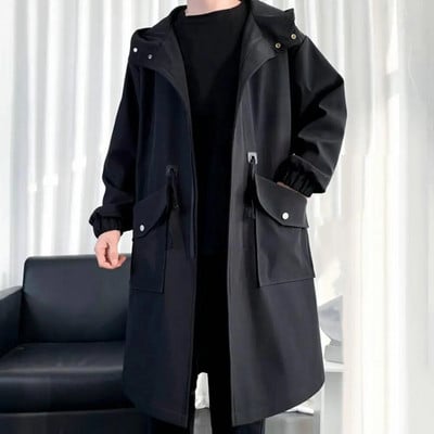 Μακριά Trench Coat Ανδρικά φθινοπωρινά άνοιξη Μαύρα Hip Hop Γιαπωνέζικα Παλτό Streetwear Ανδρικά με κουκούλα Army Πράσινα Χακί Casual μπουφάν