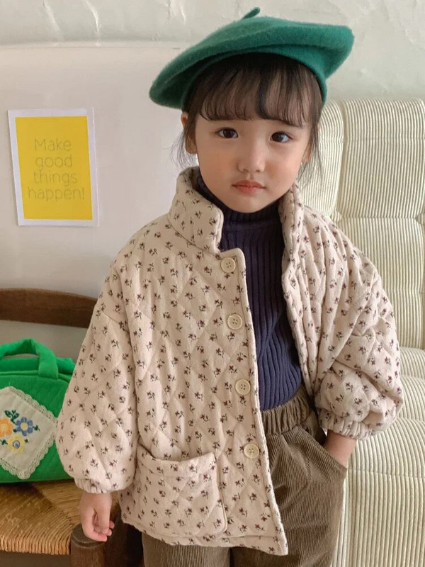 Prešívaná bunda pre dievčatá, zimný kabát, parka s kvetinovou potlačou, detský ležérny teplý bavlnený vrchný kabát s výplňou pre dojčatá, nový rok 2023