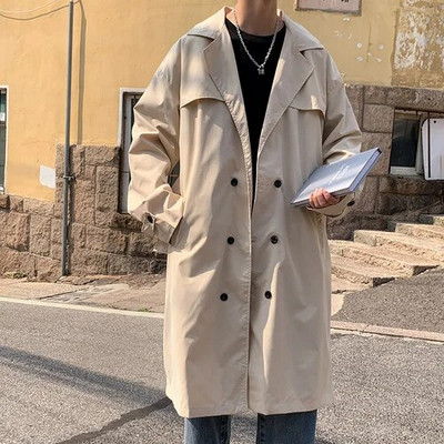 Trench pentru bărbați, supradimensionat, solid, la două piepte, largi, îmbrăcăminte de stradă perfectă, cu guler răsturnat.