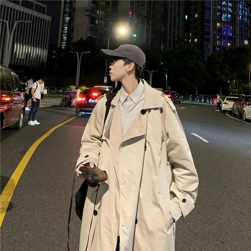 Trench Men Turn Collar με διπλό στήθος Leisure Loose 3XL μόδας Κομψά, casual εφηβικά ρούχα που ξεπερνούν το μακρύ κομψό vintage βρετανικό νέο